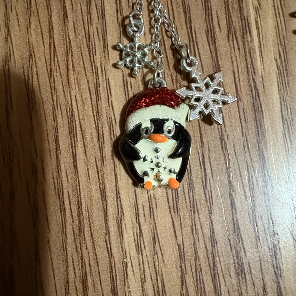 VINTAGE SANTA PENGUIN DANGLING SNOWFLAKE ACCENTS SILVER-TONE HOOK 2.5" EARRINGS - Picture 7 of 9